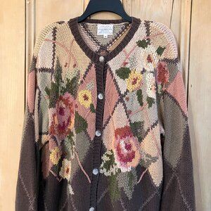 Susan Bristol Women Vintage 90s Floral Long Cardigan Sweater Medium Brown FA EXC